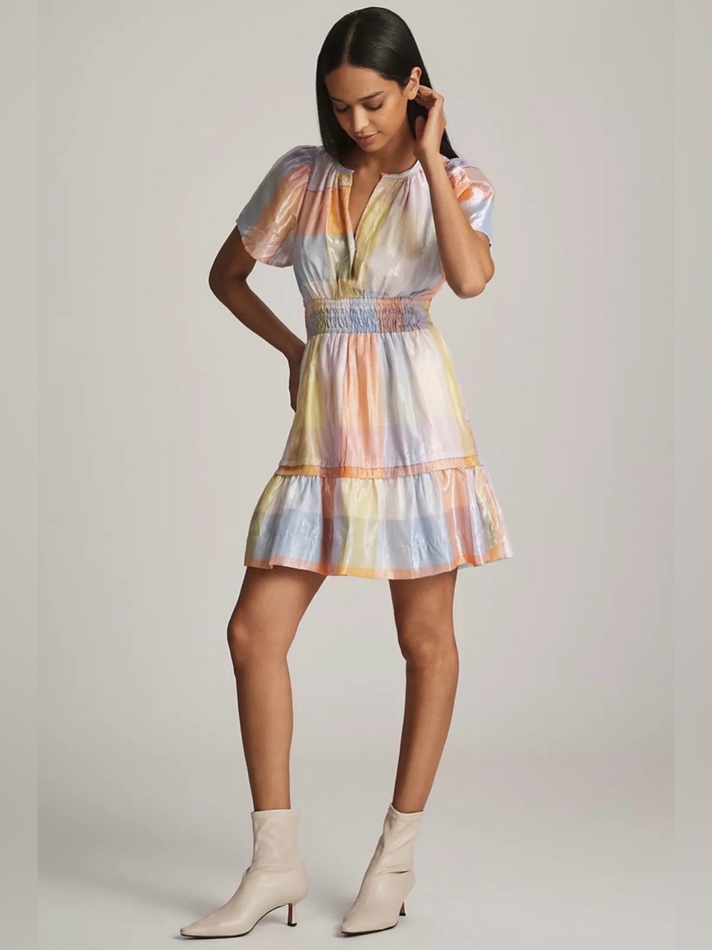 Anthropologie Somerset Metallic Mini Dress Small Short Sleeve Ruffle Plaid Pink